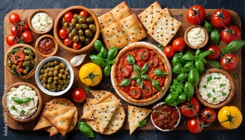 a platter of olives, tomatoes, olives, tomatoes, olives, cheese, olives, and crackers on a cutting board with olives and tomatoes.
