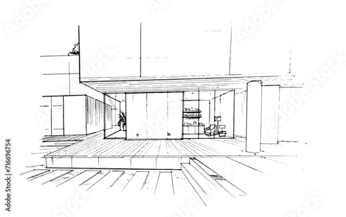 Line drawing of an architectural residential building. , Graphic assembly in architecture and interior design work. ,Sketch ideas for interior or exterior designs.