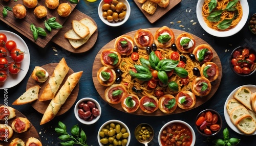  a table topped with plates of food and a platter of olives, tomatoes, bread, olives, olives, olives, tomatoes, and bread.