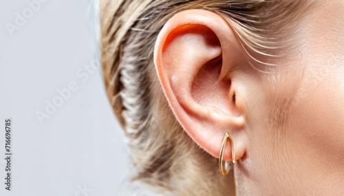  a close up of a woman's ear with a pair of gold hoop earrings in the middle of the ear and the top of the ear with a white background.