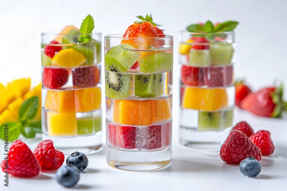 Assorted fresh fruit layers in glass cups with mint garnish on white background. Healthy snack concept. Assorted fresh fruit layers in glass cups with mint garnish on white background. Healthy snack concept.