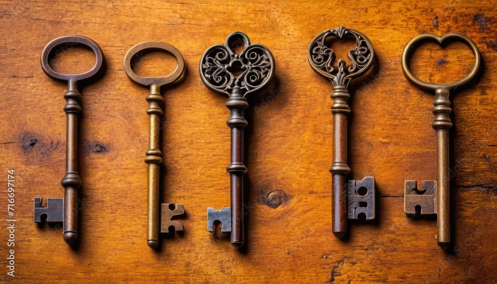 a row of antique keys sitting on top of a wooden table with a heart shaped key in the middle of the key is a key to the left side of the row. a row of antique keys sitting on top of a wooden table with a heart shaped key in the middle of the key is a key to the left side of the row.