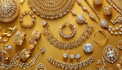  a collection of gold jewelry is displayed on a yellow surface with other gold and diamond jewelry, including earrings, rings, bracelets, and necklaces, and bracelets.