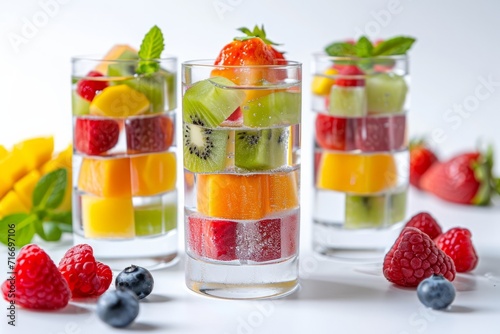 Assorted fresh fruit layers in glass cups with mint garnish on white background. Healthy snack concept.