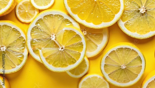  a group of sliced lemons sitting on top of a yellow counter top with one cut in half and two whole lemons on the other side of the whole.