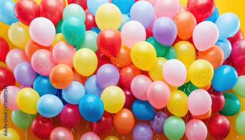  a bunch of multicolored balloons floating in the air on a yellow background with a red, green, blue, and pink balloon attached to the bottom of the balloons.