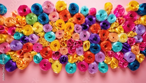  a bunch of different colored spools of thread on a pink background with a pink wall in the background and a pink wall with a pink wall in the background.