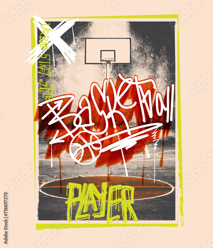Basketball Graffiti print, vintage retro basketball print art, Graffiti print design , sporty print artwork for t-shirt or sweatshirt , Hand drawn vector typography is graffiti vibes in -vector