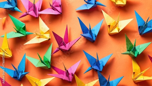  a group of origami birds sitting on top of an orange surface with one of the origami birds in the middle of the group and the rest of the origami of the origami birds.