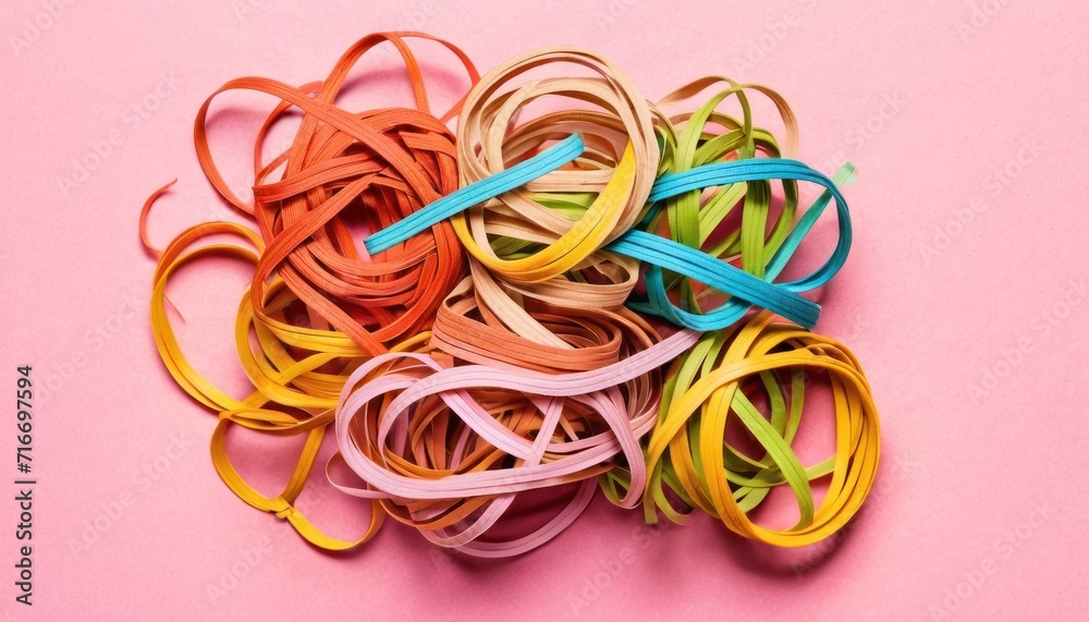  a pile of colorful rubber bands sitting on top of a pink surface with a pair of scissors in the middle of one of the bands on top of the bands.
