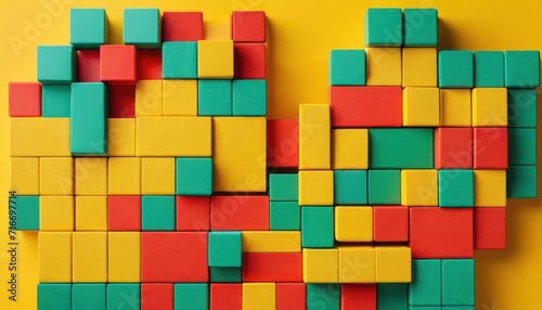  a number of blocks arranged in the shape of a heart on top of a yellow surface with red, green, yellow, and orange squares on top of them.