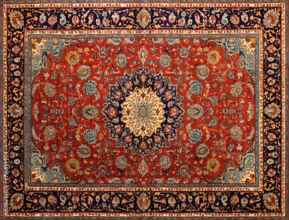 Persian carpet in red blue color with antique pattern on the floor top view