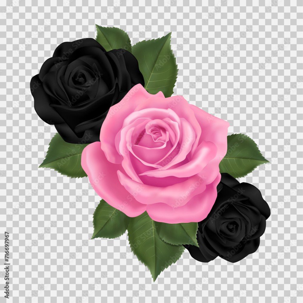 Fototapeta premium Beautiful vector clipart with gothic roses. Two black roses and one pink rose. A festive bouquet of roses.
