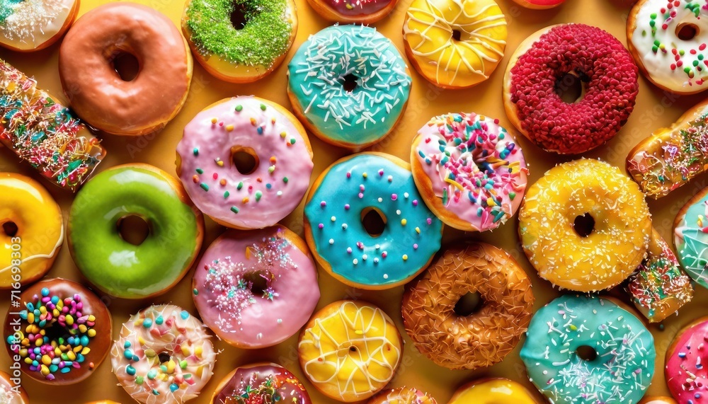 a bunch of different kinds of doughnuts with sprinkles on top of one of the doughnuts is pink, blue, green, yellow, pink, red, orange, yellow, and white, and green. a bunch of different kinds of doughnuts with sprinkles on top of one of the doughnuts is pink, blue, green, yellow, pink, red, orange, yellow, and white, and green.
