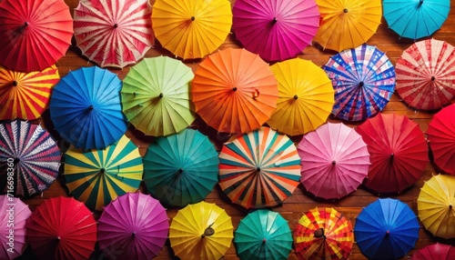 a group of multicolored umbrellas sitting on top of a wooden floor next to each other on top of a wooden floor next to another group of multicolored umbrellas.