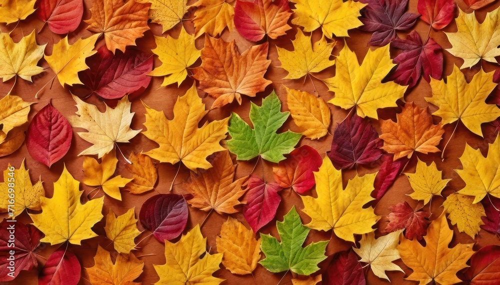  a bunch of leaves that are laying on the ground in the shape of a wall with many colors of autumn leaves on it, all overlaided together in the same pattern.