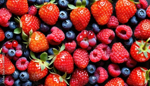  a close up of strawberries and raspberries with blueberries and raspberries on the bottom of the image and a green leaf on the top of the bottom of the image.