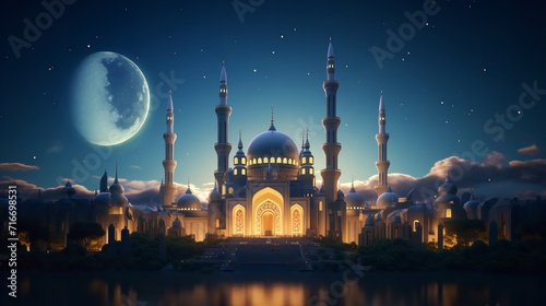illustration of islamic mosque at night in ramadan