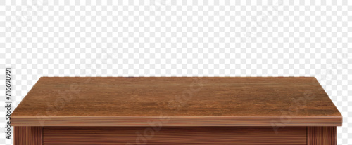 Dark brown wooden table, Wood Textured tabletop front view on transparent background. Dining desk surface realistic 3d vector mock up