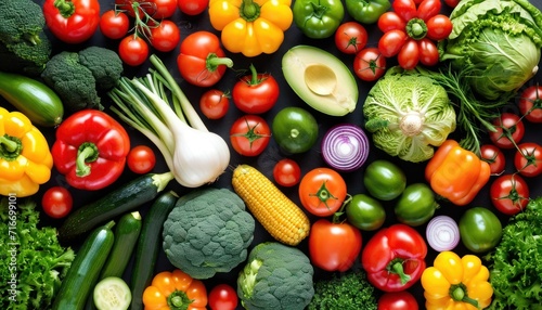  a bunch of different types of vegetables laid out in a circle on top of each other  including broccoli  cauliflower  peppers  corn  and broccoli.