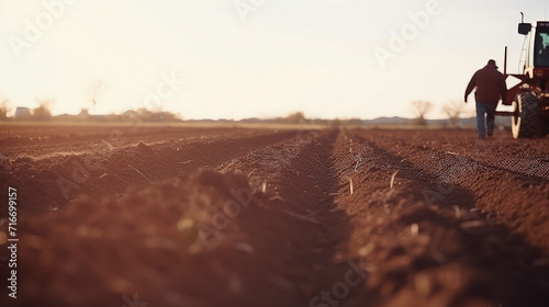 Plowed field. In the background is a blurred farmer next to a tractor. Spring sowing. The tractor's efficient transmission minimizes power loss, maximizing productivity in the field.