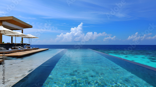 Pool with a Bar  An exquisite infinity pool seamlessly blending with the horizon  sky  luxury relax  hotel