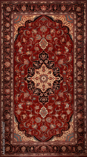 Red brown persian color carpet with antique pattern on the floor top view