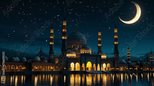 illustration of islamic mosque at night in ramadan