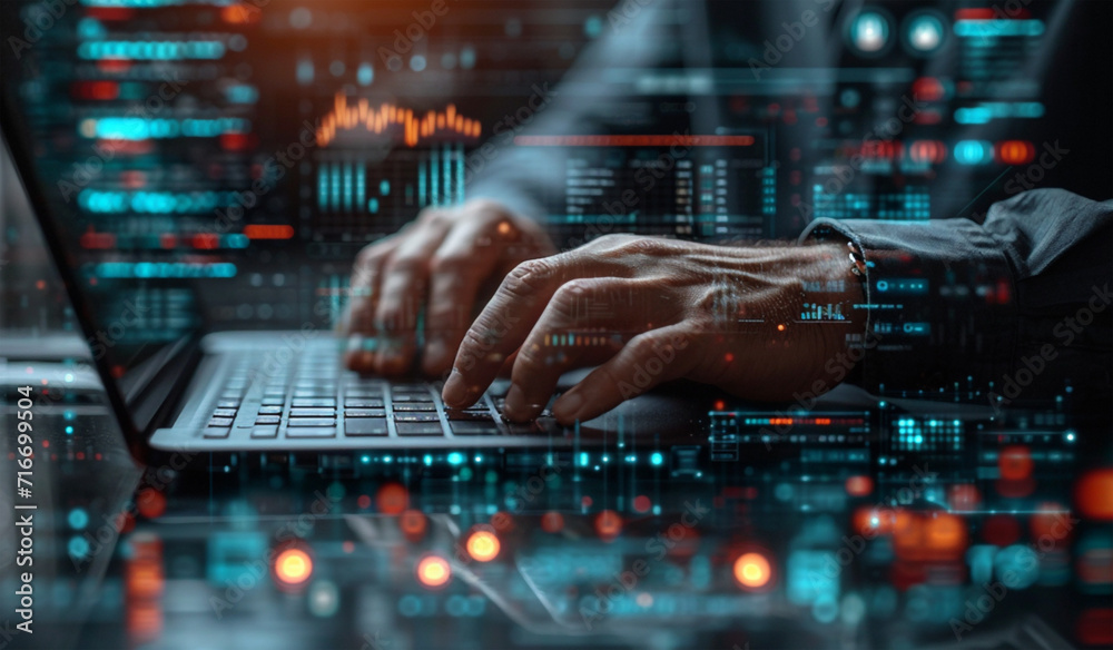 Someone typing on a laptop with a lot of data on the screen. Generative AI Someone typing on a laptop with a lot of data on the screen. Generative AI