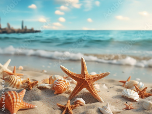 Seaside summer beach with starfish, shells, coral on sandbar and blur sea background