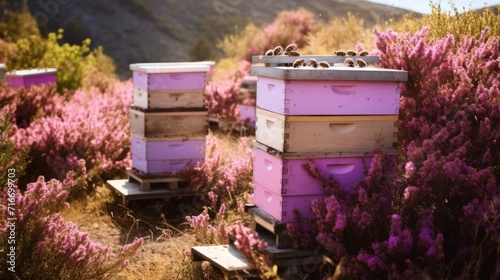 There are many beautiful wooden bee hives in beautiful nature with pink flowers. Beekeeping, Apiary in summer. © liliyabatyrova