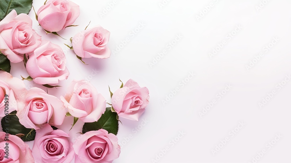 Composition. pink roses on white background. Valentine's day-wedding. greeting card. presentation. advertisement. copy text space.