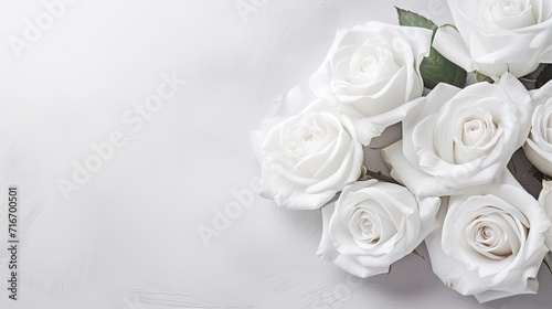 Composition. white roses on background. Valentine's day-wedding. greeting card. presentation. advertisement. copy text space.