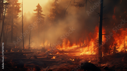 Forest fire photography. burnt trees  flames  and smoke