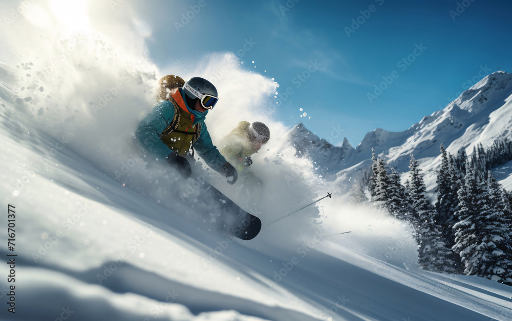 Snowboarder jumping in the snow mountains on the slope with his ski and professional equipment on a sunny day