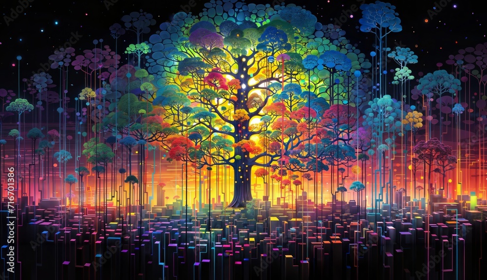 Abstract tree in the forest with glowing lights.
