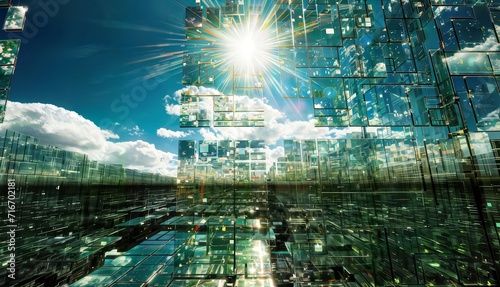 Double exposure of modern skyscrapers in business district with sunbeams