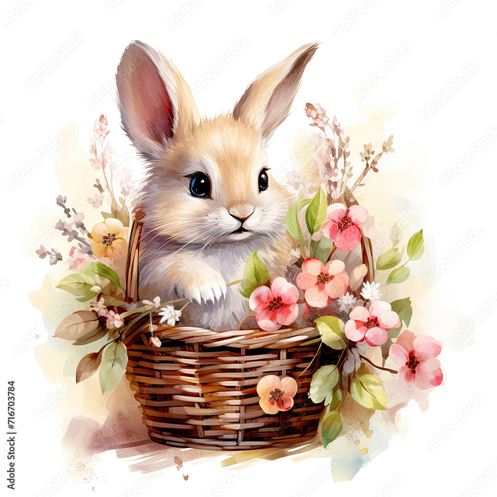 Illustration of cute little rabbit sitting in a basket with flowers. Greeting card design element for Easter celebration. AI generated. Illustration of cute little rabbit sitting in a basket with flowers. Greeting card design element for Easter celebration. AI generated.