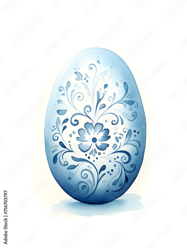 Drawing of a Easter Egg in sky blue Watercolors. White Background with Copy Space