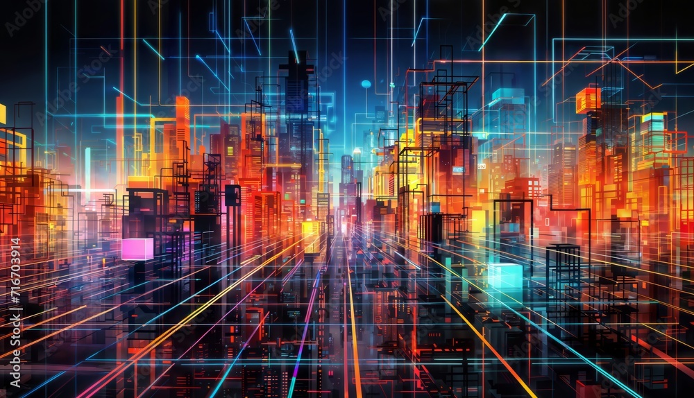 3D illustration of a futuristic city with neon lights and a lot of buildings