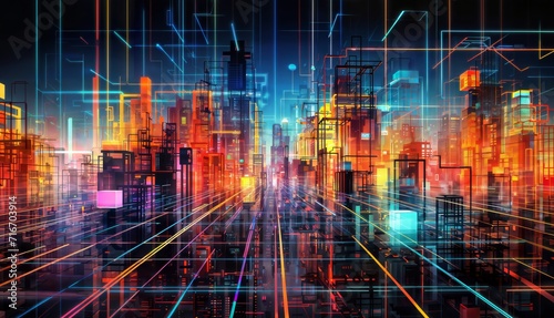 3D illustration of a futuristic city with neon lights and a lot of buildings