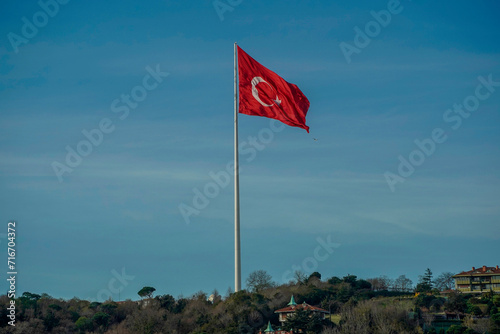 Trukish flag in bebek district view from Istanbul Bosphorus cruise