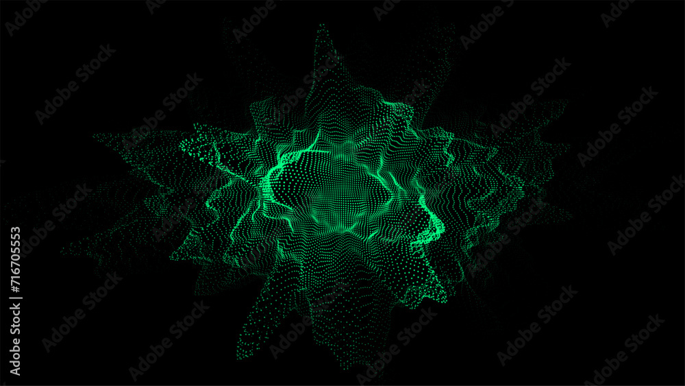 Abstract digital green circle wave on black background. Big data visualization. Analytics representation. Vector sphere with explosion of bright particles.