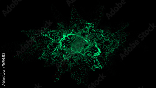 Abstract digital green circle wave on black background. Big data visualization. Analytics representation. Vector sphere with explosion of bright particles.