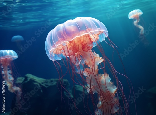 Group of pink and orange jellyfish swimming in a deep blue ocean with rocks and sea creatures. © burntime555