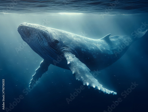 Majestic humpback whale swimming in the ocean with light rays shining through the water.