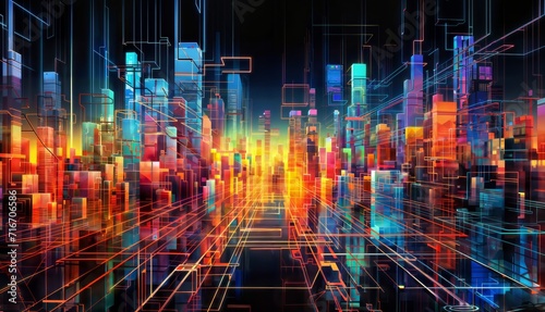 Abstract 3d illustration of futuristic city with neon lights on black background