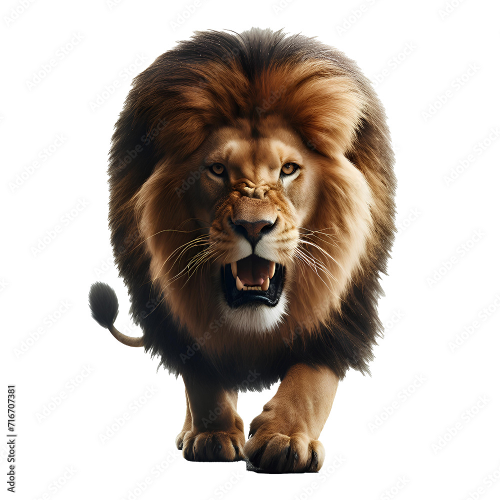 A lion roaring towards the camera lurking isolated on a white background