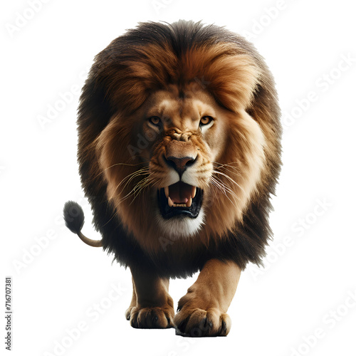 Fototapeta Naklejka Na Ścianę i Meble -  A lion roaring towards the camera lurking isolated on a white background