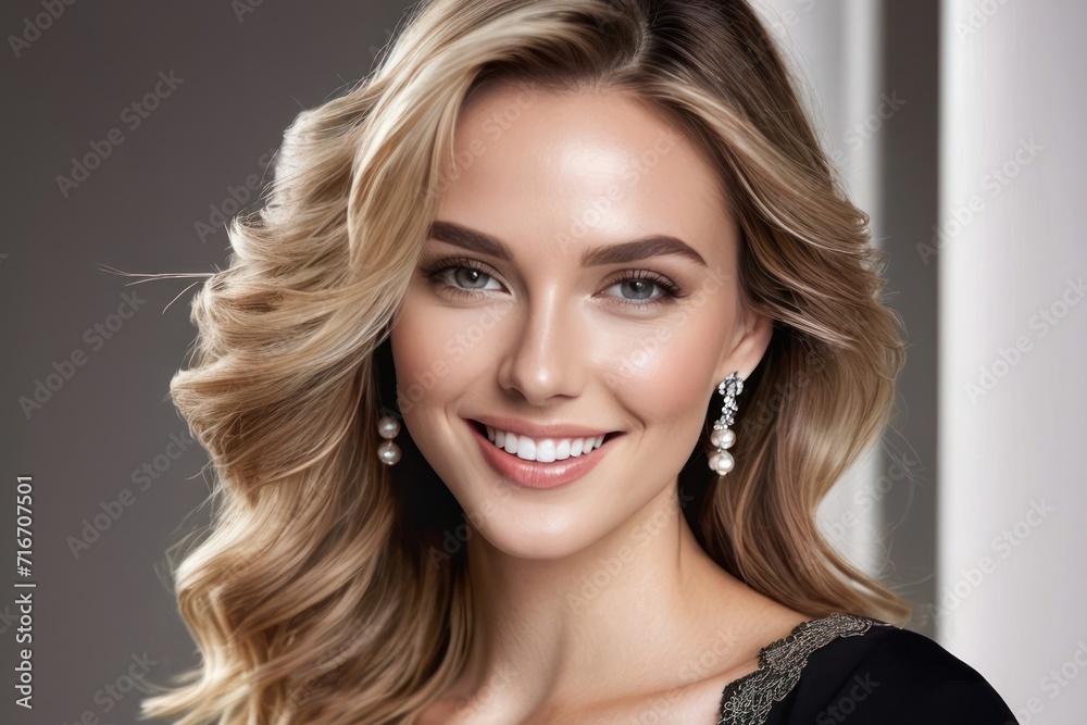 Portrait luxury model young woman with white teeth smile, healthy hair, beauty skin and professional makeup. Concept of advertising a dentist, facial and hair care. Generative AI Portrait luxury model young woman with white teeth smile, healthy hair, beauty skin and professional makeup. Concept of advertising a dentist, facial and hair care. Generative AI